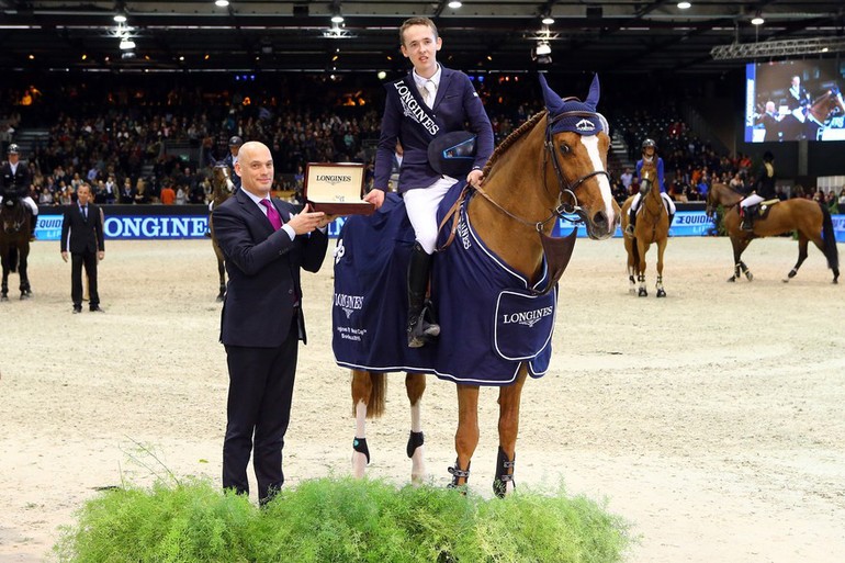 Winner Longines FEI Jumping World Cupª Bordeaux 2015 BERTRAM Allen riding "Romanov" & Frederic Bondoux Longines. Pic Pierre Costabadie