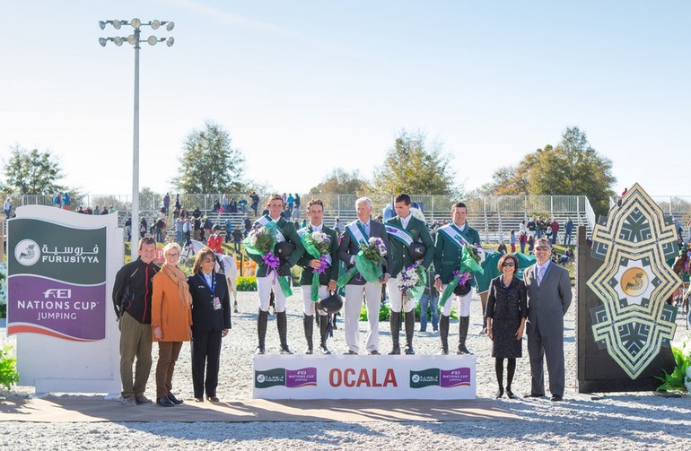 (L-R) Tom Stuzzieri (President of HITS), Chrystine Tauber (USEF President), Olga Yolanda Matallana Trivi–o (Foreign Judge), Darragh Kenny, Kevin Babington, Robert Splaine (Chef d'Equipe), Lorcan Gallagher, Conor Swail with Mr & Mrs. Christian Oliver (Edge Brewing Barcelona) at the 2015 Furusiyya FEI Nations Cup in Ocala, Florida, USA. Pic Anthony Trollope