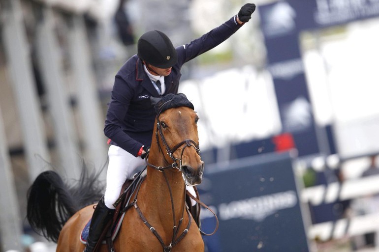 A delighted Harrie Smolders went to the top in the LGCT Grand Prix in Shanghai on Regina Z. Photos (c) Stefano Grasso/LGCT.