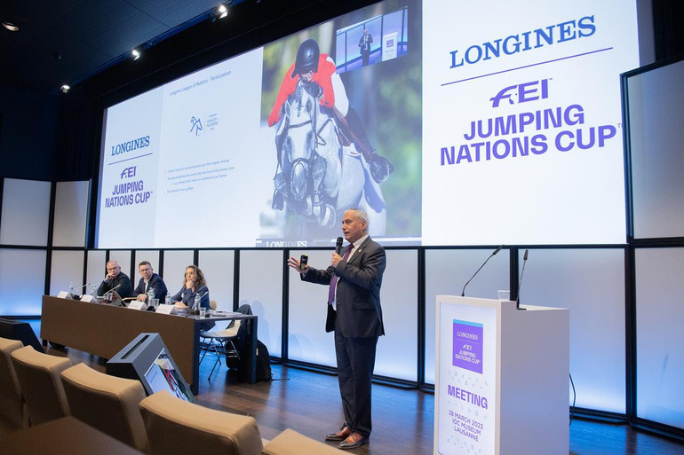 Left to Right Stephan Ellenbruch, Chair of the FEI Jumping Committee, Ralph Straus, FEI Commercial Director, Sabrina Ibáñez, FEI Secretary General and Ingmar de Vos, FEI President, during the Longines FEI Jumping Nations Cup™ Task Force Meeting held in Lausanne (SUI) on Tuesday 28 March 2023.