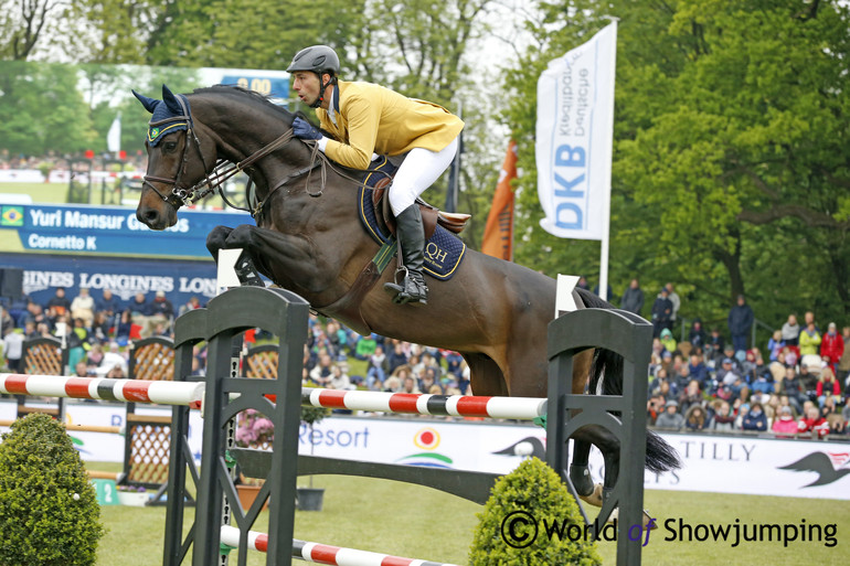 Yuri Mansur Guerios is not to be missed in his yellow jacket - here riding the 9 year old Cornetto K. 