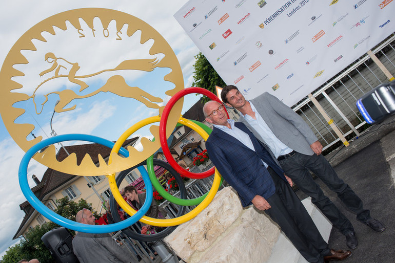 Steve Guerdat was honoured in his childhood town this week, here in front of the art piece 'Olympic Champion'. Photo (c) steveguerdat.com.