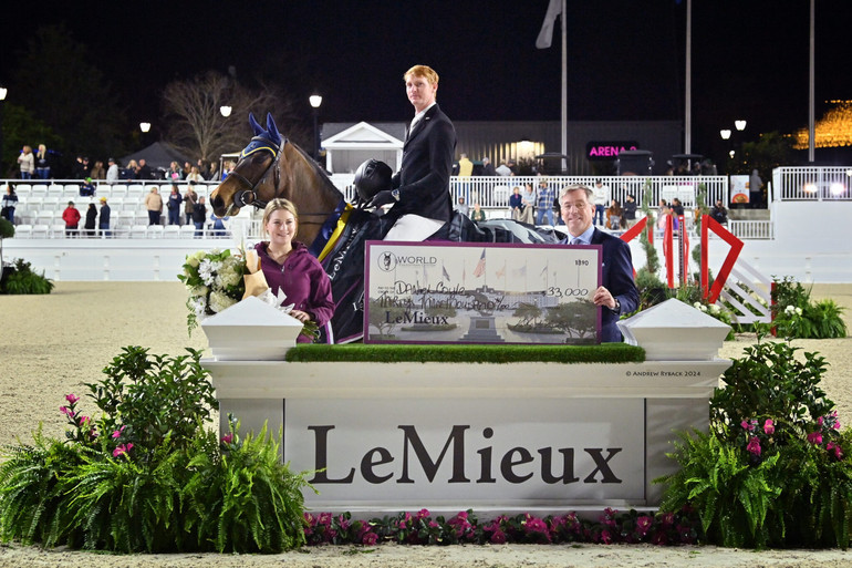 Daniel Coyle and Farrel accepting their first place award presented by Taylor Yencho, Regional Sales Representative at LeMieux and Jim Wolf of World Equestrian Center. Photo by Andrew Ryback Photography. 