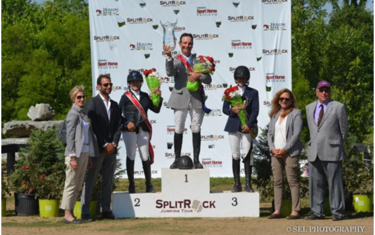 USEF President Chrystine Tauber, SRJT Founder & President Derek Braun with GP winner Kevin Babington, Margie Engle (2nd) & Kaitlin Campbell (3) on podiuon podium