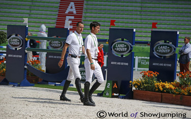 Belgium's Gregory Wathelet and Switzerland's Steve Guerdat preparing together.
