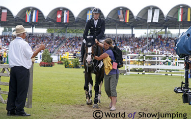 Plot Blue comes out to a big hug from Kay Neatham. 