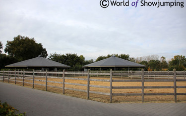 The sand paddocks with the walker and lunge ring in the background.