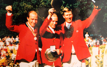 Three legends: John Whitaker, Michael Whitaker and Jos Lansink on the podium at the Europeans in 1989.