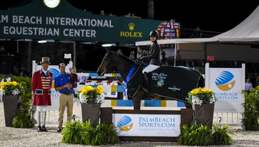 Adrienne Sternlicht galloped to victory aboard Just A Gamble in the $209,000 Holiday & Horses Grand Prix CSI4* presented by Palm Beach County Sports Commission