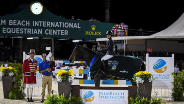 Adrienne Sternlicht galloped to victory aboard Just A Gamble in the $209,000 Holiday & Horses Grand Prix CSI4* presented by Palm Beach County Sports Commission