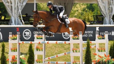 Jonathan Corrigan rides Loughnavatta Indigo to win in $36,600 Welcome Stake at Traverse City Spring Horse Show