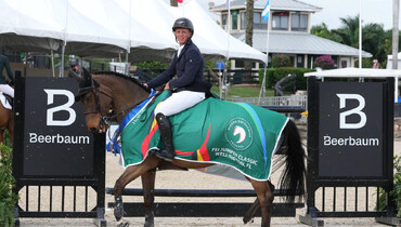 Matthew Sampson charges to the finish in the $37,000 Beerbaum Stables Grand Prix qualifier CSI2*