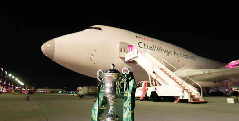 Charter plane carrying 66 horses, three tonnes of Dutch flowers and the coveted Rolex Grand Slam trophy lands in Calgary