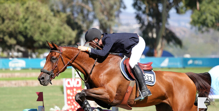 Karl Cook and Caracole de la Roque catapult to the top of the $90,000 CSI2* Grand Prix of Del Mar during HITS Del Mar Summer Classic II