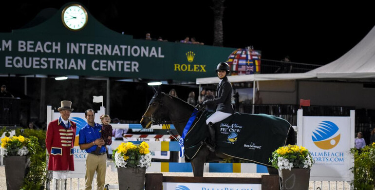 Adrienne Sternlicht galloped to victory aboard Just A Gamble in the $209,000 Holiday & Horses Grand Prix CSI4* presented by Palm Beach County Sports Commission