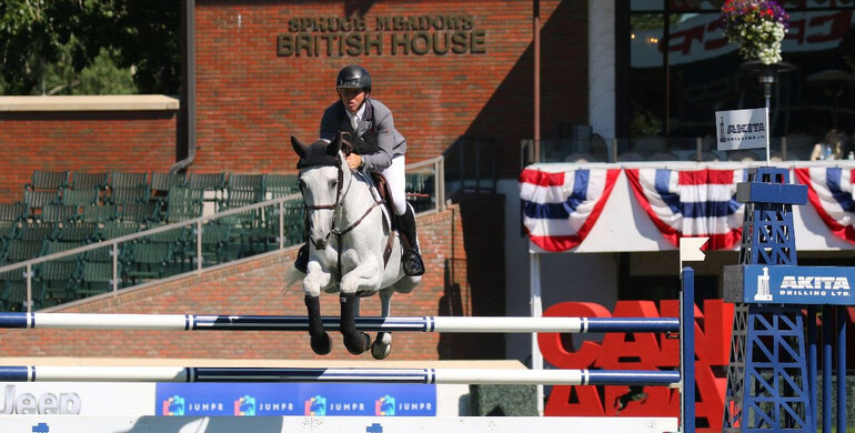 Matthew Sampson and Ebolensky win the AKITA Drilling Winning Round at Spruce Meadows
