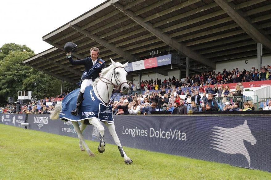 celebrates second Longines Global Champions Tour Grand Prix of Hamburg win after delivering the only round | of Showjumping